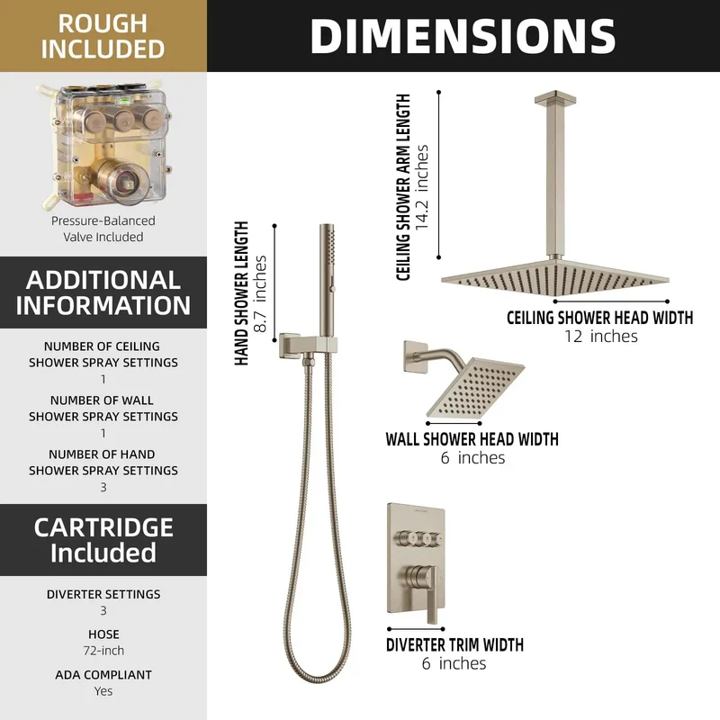 No Fluff Brushed Nickel Square Rain Shower System With 3 In 1 Handheld And Wall Sprayer Button Diverter Valve Trim Kit Knockout Ceiling Mount Bathroom Fixture Set