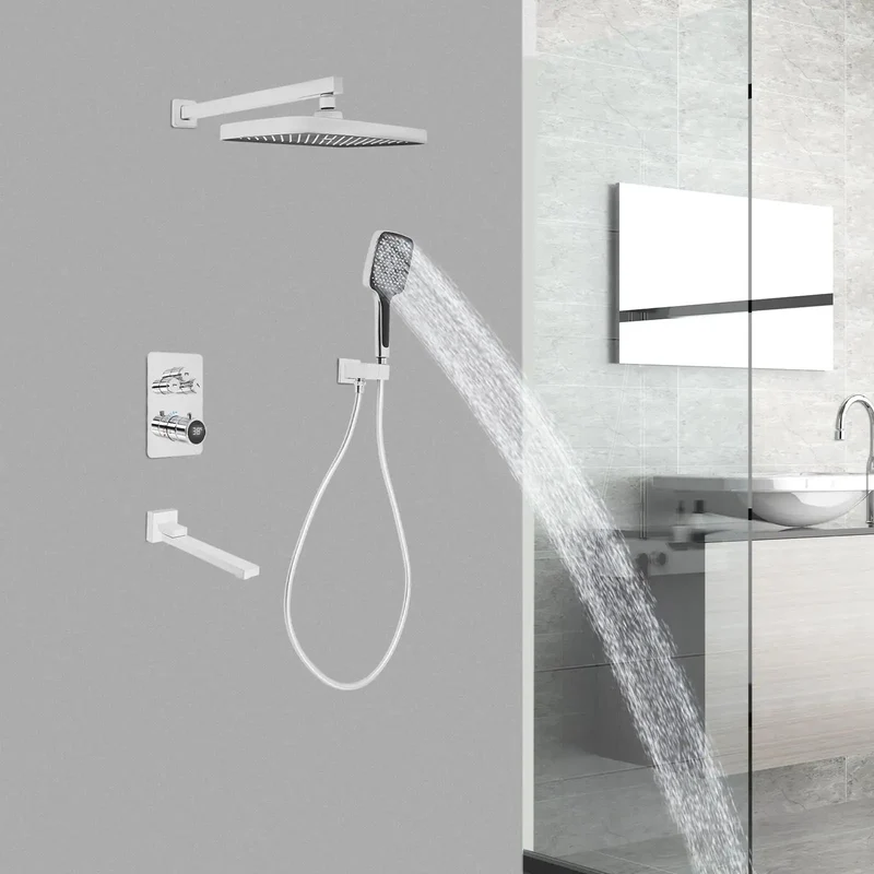 Modern Wall Mount Shower System With Digital Temp Screen And Thermostatic Mixer Valve Crafted From Premium Copper And Abs To Deliver Flawless Rain Pressure That Hits Different Every Single Shower No Sweat Required