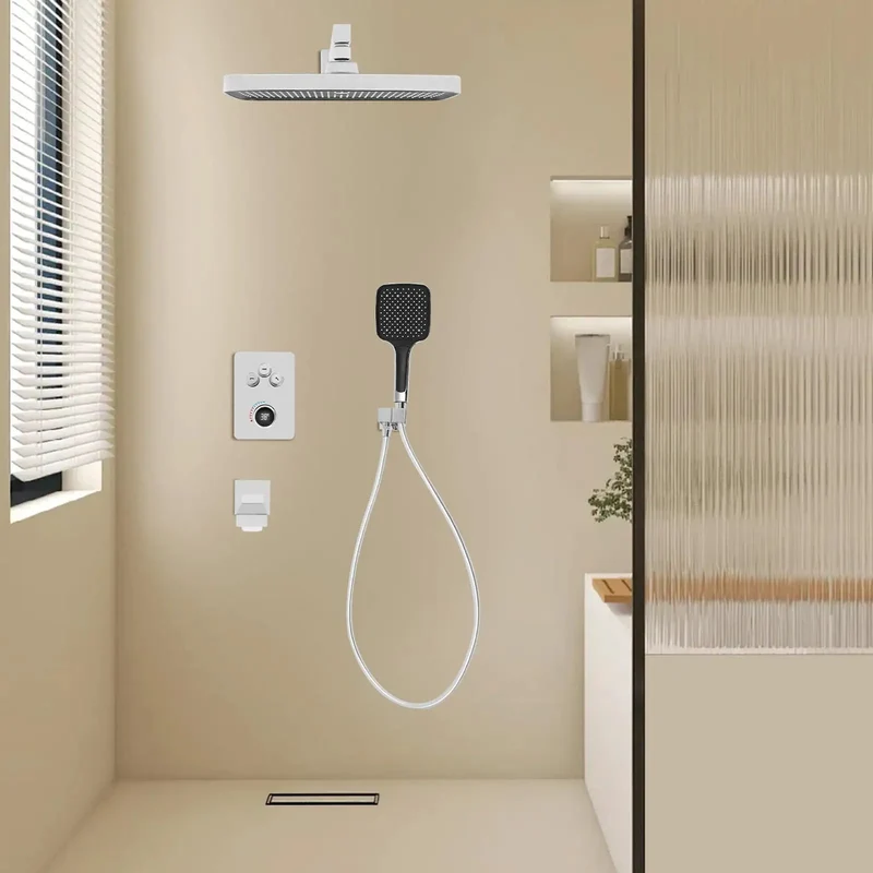 Modern Wall Mount Shower System With Digital Temp Screen And Thermostatic Mixer Valve Crafted From Premium Copper And Abs To Deliver Flawless Rain Pressure That Hits Different Every Single Shower No Sweat Required
