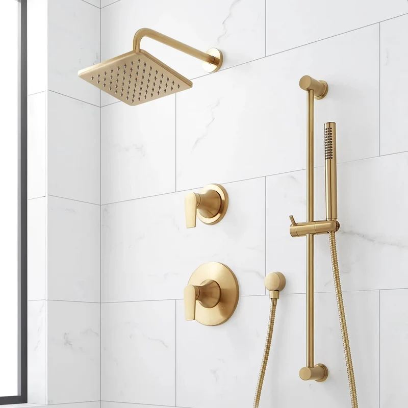Get Ready To Turn Heads With This Badass Pressure Balance Shower System Featuring A Rock Solid Slide Bar And Hella Versatile Hand Shower Wrapped In A Dashing Brushed Gold Glow Perfect For Your Ultimate Bathroom Glow Up And Daily Relaxation Sessions