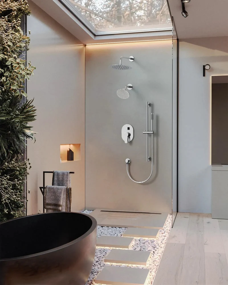 Kick Your Morning Routine Up A Notch With This Three Function Shower Faucet Set Featuring A Smooth 10 Inch Rainfall Head Versatile Side Spray And Handy Handheld Sprayer In Polished Chrome