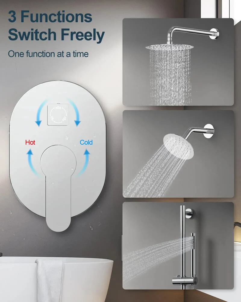Kick Your Morning Routine Up A Notch With This Three Function Shower Faucet Set Featuring A Smooth 10 Inch Rainfall Head Versatile Side Spray And Handy Handheld Sprayer In Polished Chrome
