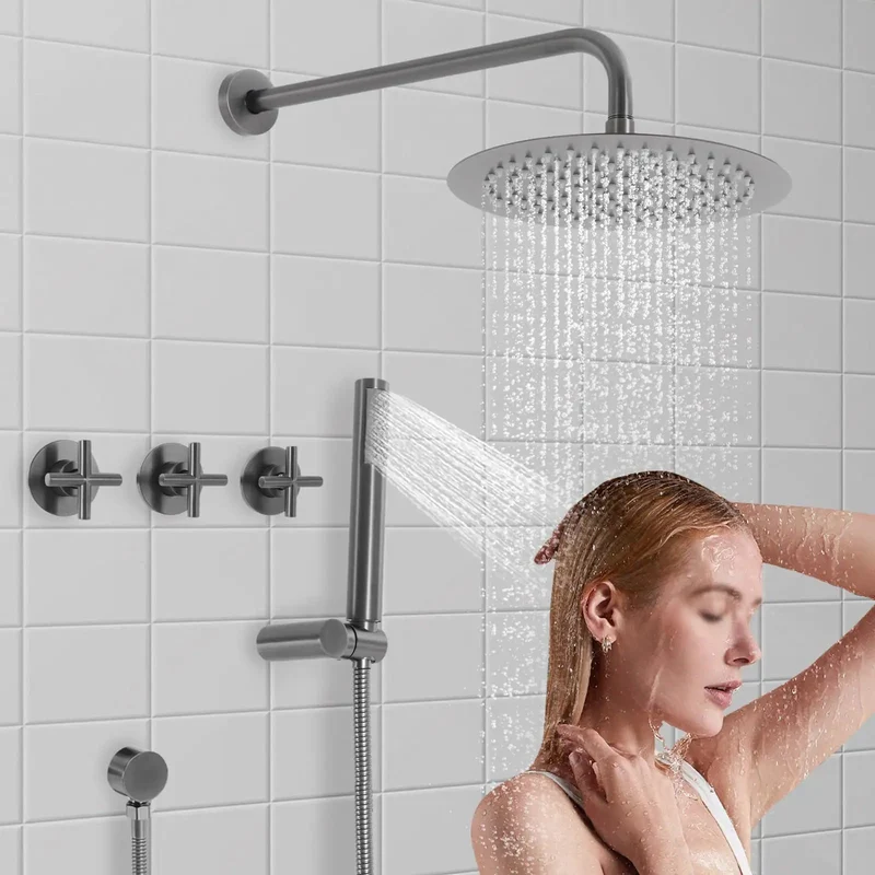 Wall Mounted Shower System Featuring A Generous 10 Inch Rain Head And Easy Grip Handheld Sprayer Built With Top Shelf Stainless Steel And A Slick Brushed Nickel Finish For A Smooth Bathroom Refresh