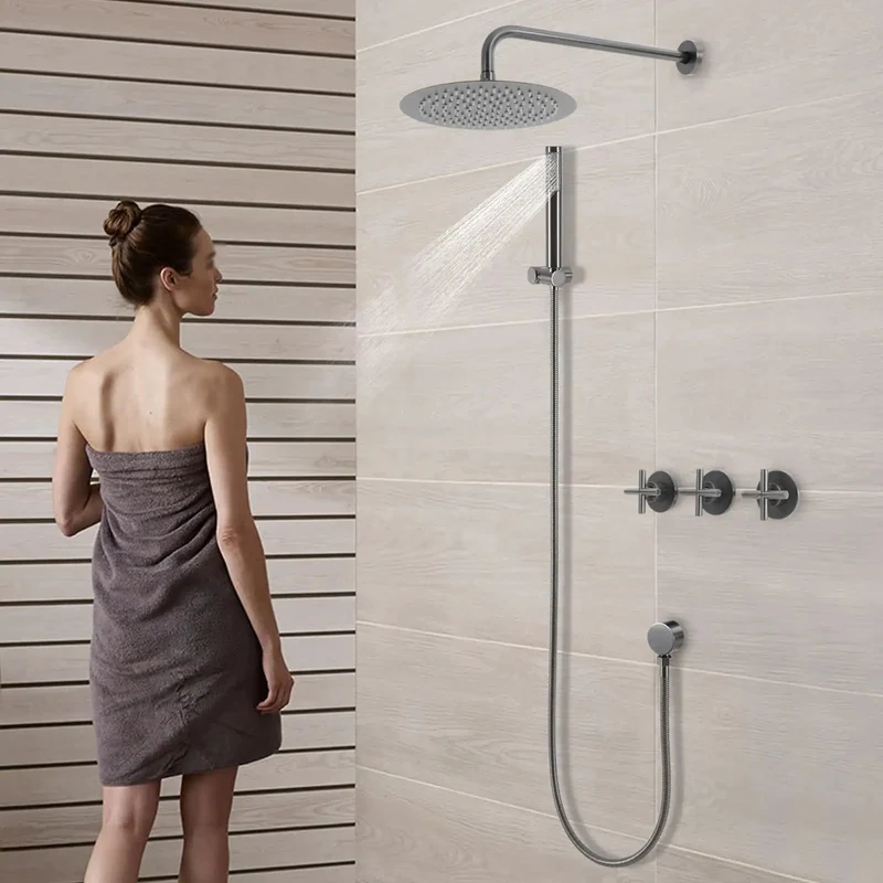 Wall Mounted Shower System Featuring A Generous 10 Inch Rain Head And Easy Grip Handheld Sprayer Built With Top Shelf Stainless Steel And A Slick Brushed Nickel Finish For A Smooth Bathroom Refresh