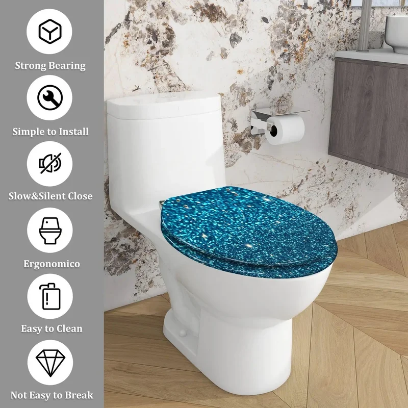Fresh Blue Glitter Resin Elongated Toilet Seat For Bathroom Slick Adjustable Hinges No Sweat Setup Universal Replacement For American Standard Toilets