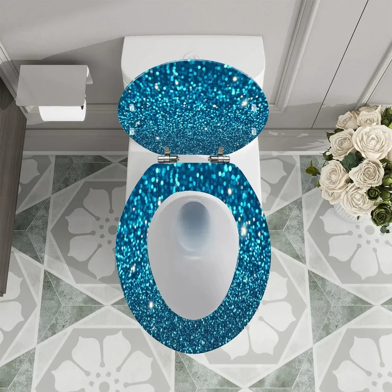 Fresh Blue Glitter Resin Elongated Toilet Seat For Bathroom Slick Adjustable Hinges No Sweat Setup Universal Replacement For American Standard Toilets