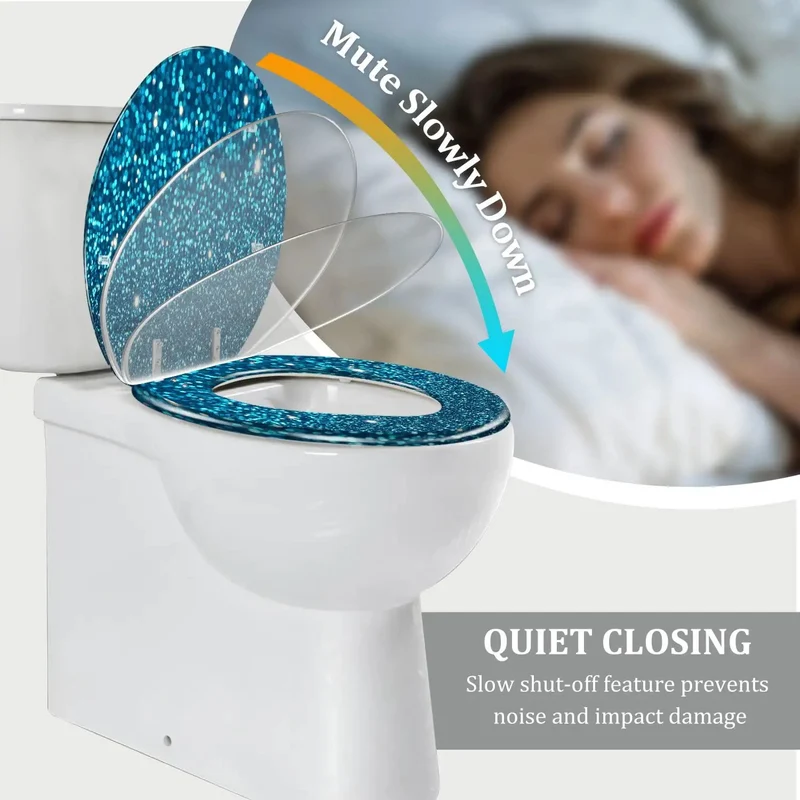 Fresh Blue Glitter Resin Elongated Toilet Seat For Bathroom Slick Adjustable Hinges No Sweat Setup Universal Replacement For American Standard Toilets