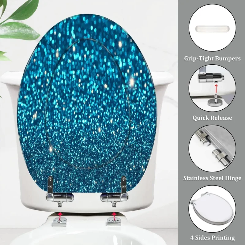 Fresh Blue Glitter Resin Elongated Toilet Seat For Bathroom Slick Adjustable Hinges No Sweat Setup Universal Replacement For American Standard Toilets