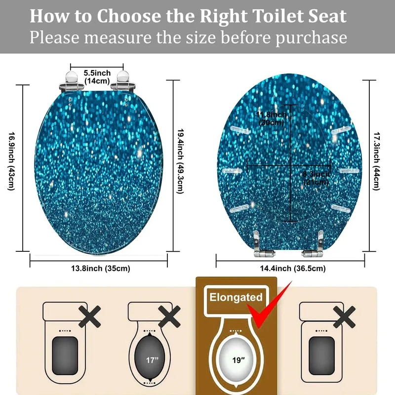 Fresh Blue Glitter Resin Elongated Toilet Seat For Bathroom Slick Adjustable Hinges No Sweat Setup Universal Replacement For American Standard Toilets