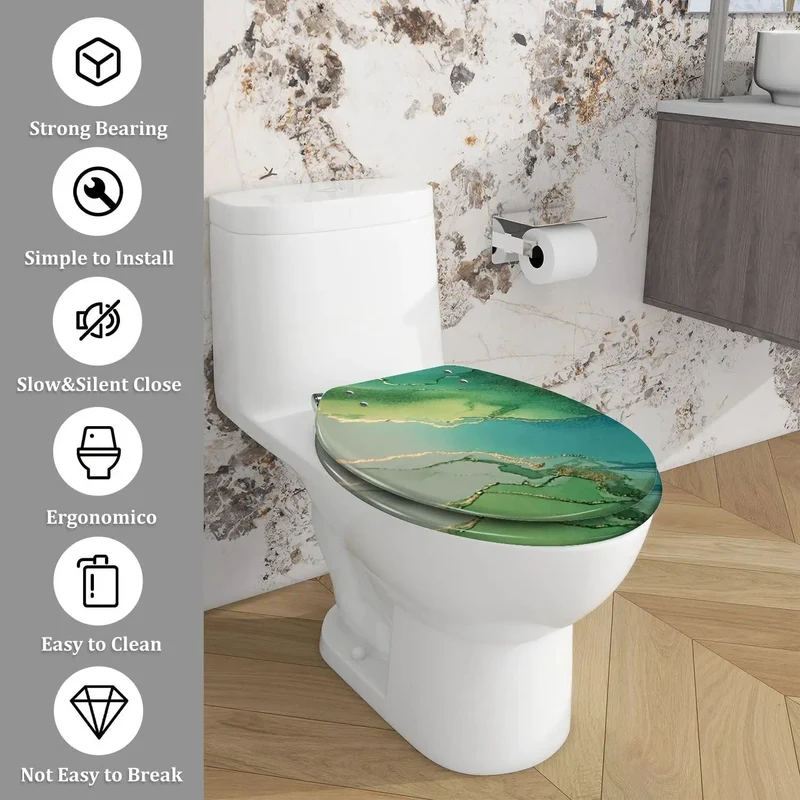 Premium Resin Elongated Toilet Seat Featuring Silent Close Lid Rock Solid Adjustment Hinges For Standard American Bathrooms Skirtless Design Heavy Duty Smooth Surface No Fuss Install