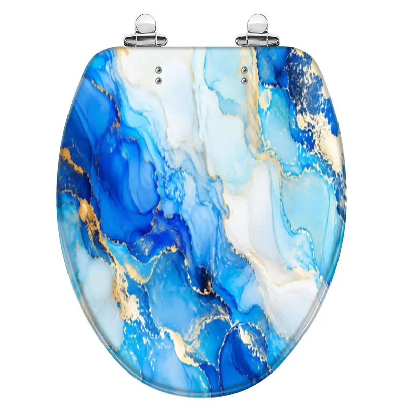 Elongated Soft Close Toilet Seat With Heavy Duty Resin Base And Vibrant Abstract Indigo White Gold Designs Smooth Drop Hinges Keep Everyday Trips Seamless For Quick Bathroom Glow Ups