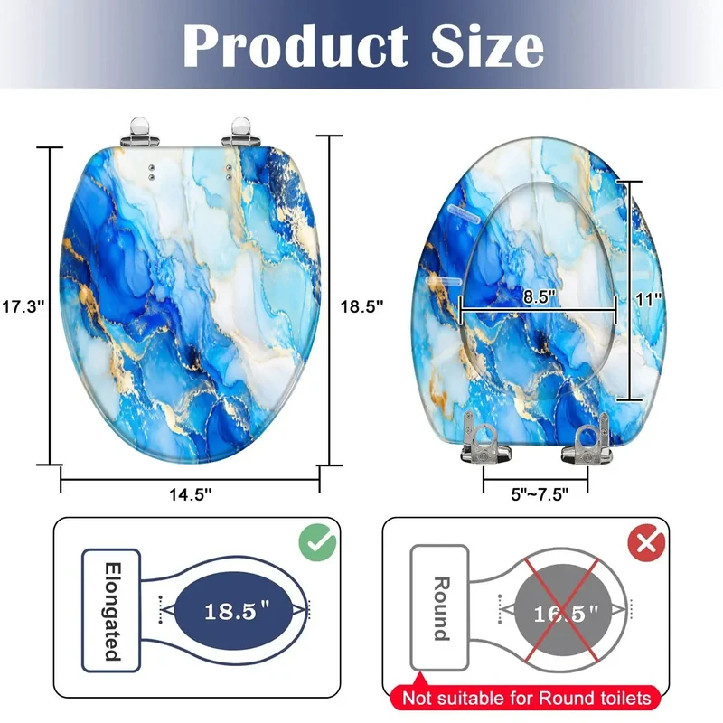 Elongated Soft Close Toilet Seat With Heavy Duty Resin Base And Vibrant Abstract Indigo White Gold Designs Smooth Drop Hinges Keep Everyday Trips Seamless For Quick Bathroom Glow Ups