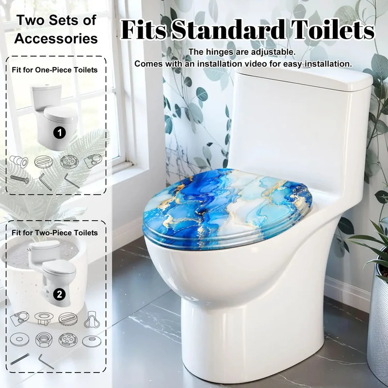 Elongated Soft Close Toilet Seat With Heavy Duty Resin Base And Vibrant Abstract Indigo White Gold Designs Smooth Drop Hinges Keep Everyday Trips Seamless For Quick Bathroom Glow Ups