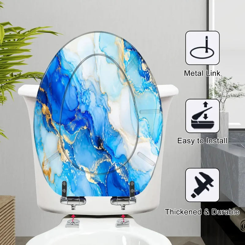 Elongated Soft Close Toilet Seat With Heavy Duty Resin Base And Vibrant Abstract Indigo White Gold Designs Smooth Drop Hinges Keep Everyday Trips Seamless For Quick Bathroom Glow Ups