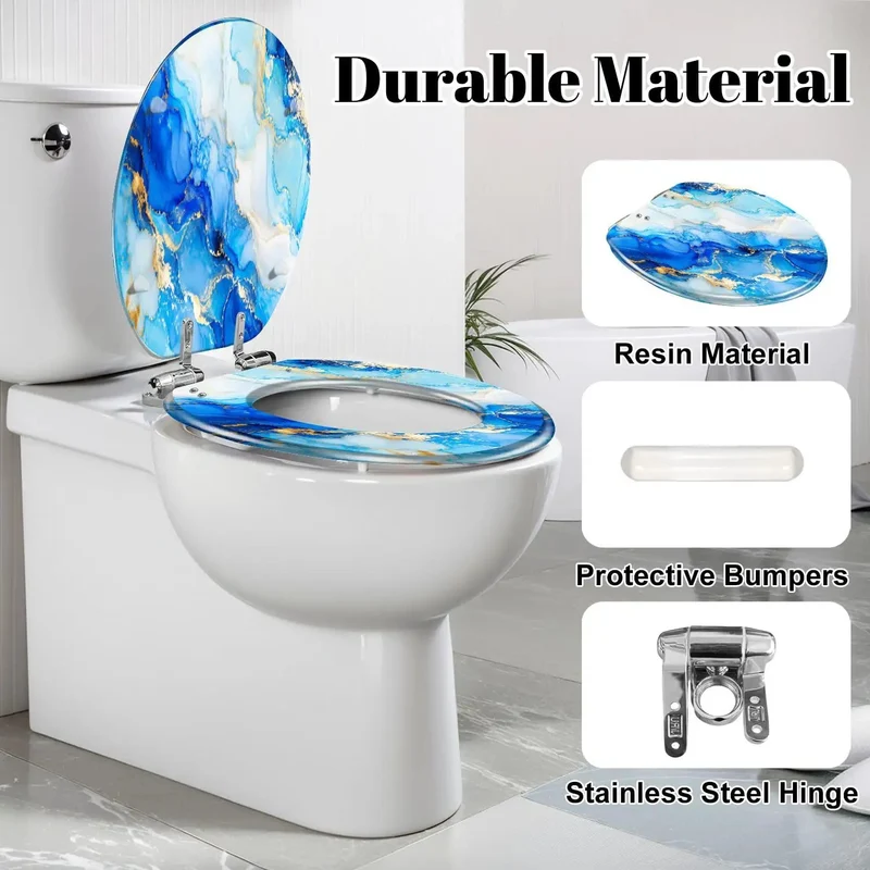 Elongated Soft Close Toilet Seat With Heavy Duty Resin Base And Vibrant Abstract Indigo White Gold Designs Smooth Drop Hinges Keep Everyday Trips Seamless For Quick Bathroom Glow Ups