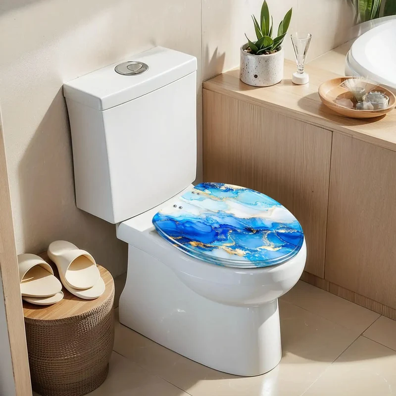 Elongated Soft Close Toilet Seat With Heavy Duty Resin Base And Vibrant Abstract Indigo White Gold Designs Smooth Drop Hinges Keep Everyday Trips Seamless For Quick Bathroom Glow Ups