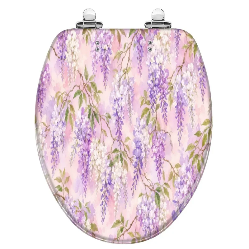 Heavy Duty Elongated Toilet Seat With Smooth Soft Close Hinges And Built Tough Resin Construction Featuring A Vibrant Wisteria Lilac Floral Pattern For A No Hassle Bathroom Upgrade That Eliminates Loud Slamming Every Single Day