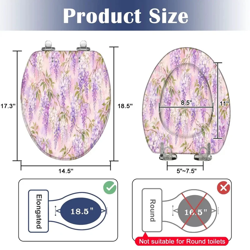 Heavy Duty Elongated Toilet Seat With Smooth Soft Close Hinges And Built Tough Resin Construction Featuring A Vibrant Wisteria Lilac Floral Pattern For A No Hassle Bathroom Upgrade That Eliminates Loud Slamming Every Single Day