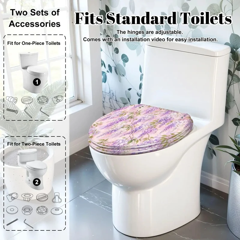 Heavy Duty Elongated Toilet Seat With Smooth Soft Close Hinges And Built Tough Resin Construction Featuring A Vibrant Wisteria Lilac Floral Pattern For A No Hassle Bathroom Upgrade That Eliminates Loud Slamming Every Single Day