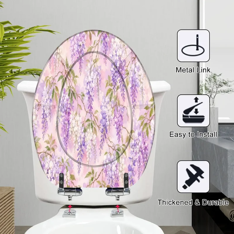 Heavy Duty Elongated Toilet Seat With Smooth Soft Close Hinges And Built Tough Resin Construction Featuring A Vibrant Wisteria Lilac Floral Pattern For A No Hassle Bathroom Upgrade That Eliminates Loud Slamming Every Single Day