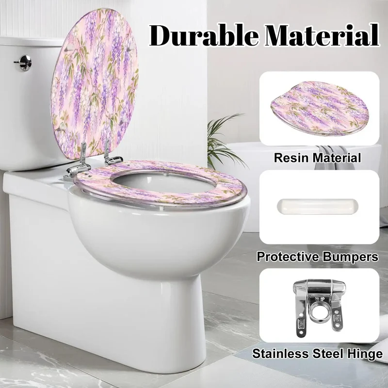Heavy Duty Elongated Toilet Seat With Smooth Soft Close Hinges And Built Tough Resin Construction Featuring A Vibrant Wisteria Lilac Floral Pattern For A No Hassle Bathroom Upgrade That Eliminates Loud Slamming Every Single Day