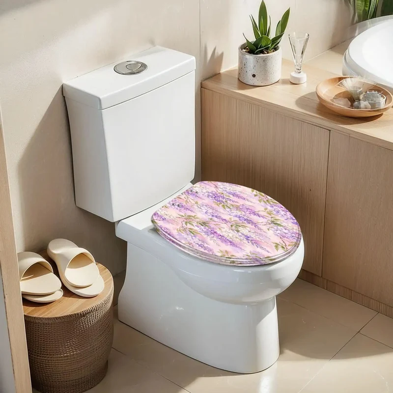 Heavy Duty Elongated Toilet Seat With Smooth Soft Close Hinges And Built Tough Resin Construction Featuring A Vibrant Wisteria Lilac Floral Pattern For A No Hassle Bathroom Upgrade That Eliminates Loud Slamming Every Single Day