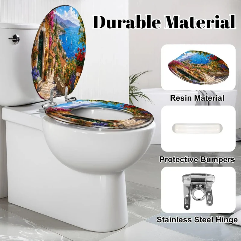 Mediterranean Floral Elongated Toilet Seat Built Different With Zero Hassle Soft Close Hinges Crafted From Top Shelf Resin For A Stress Free Bathroom Glow Up That Truly Lasts