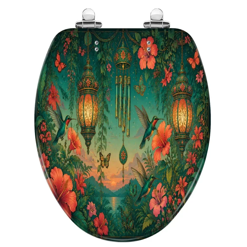 Smooth Action Kickass Elongated Toilet Seat With Heavy Duty Resin Build And Silent Soft Close Lid Featuring Gorgeous Dope Tropical Flower Sunset Pattern