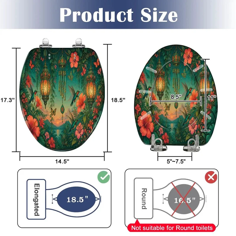 Smooth Action Kickass Elongated Toilet Seat With Heavy Duty Resin Build And Silent Soft Close Lid Featuring Gorgeous Dope Tropical Flower Sunset Pattern