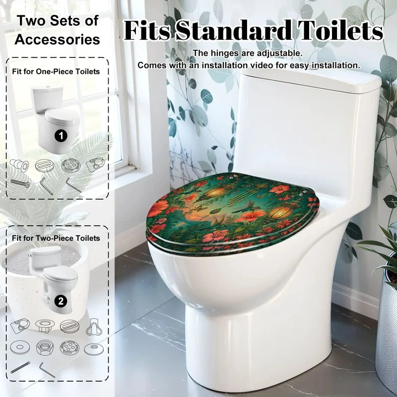 Smooth Action Kickass Elongated Toilet Seat With Heavy Duty Resin Build And Silent Soft Close Lid Featuring Gorgeous Dope Tropical Flower Sunset Pattern