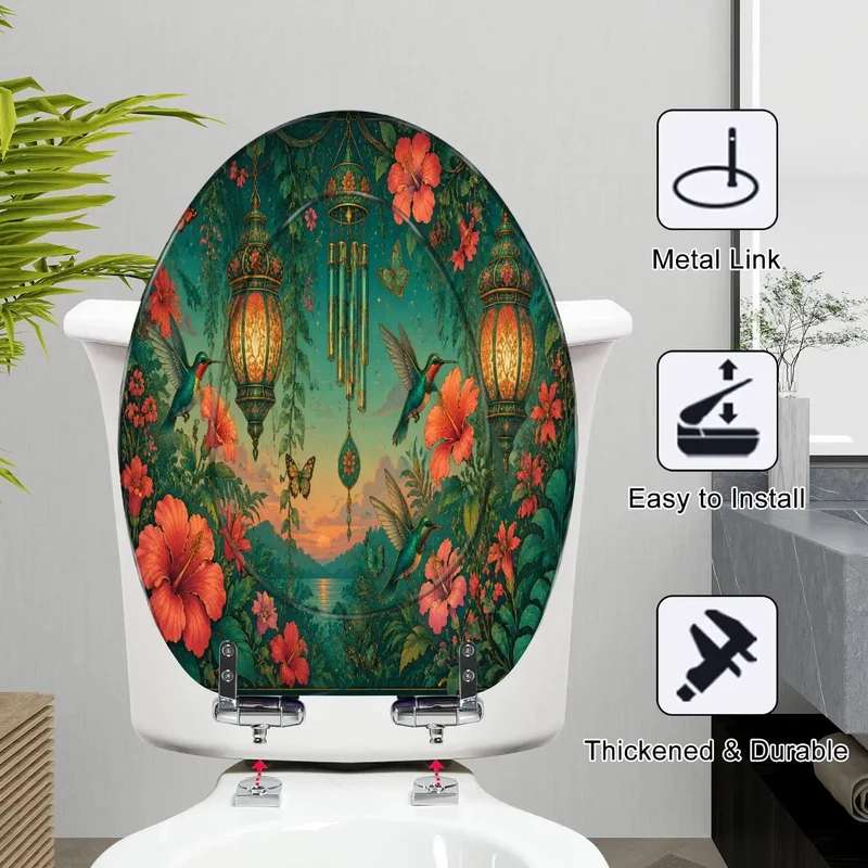 Smooth Action Kickass Elongated Toilet Seat With Heavy Duty Resin Build And Silent Soft Close Lid Featuring Gorgeous Dope Tropical Flower Sunset Pattern