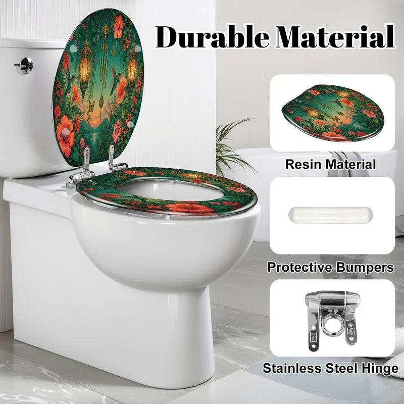 Smooth Action Kickass Elongated Toilet Seat With Heavy Duty Resin Build And Silent Soft Close Lid Featuring Gorgeous Dope Tropical Flower Sunset Pattern