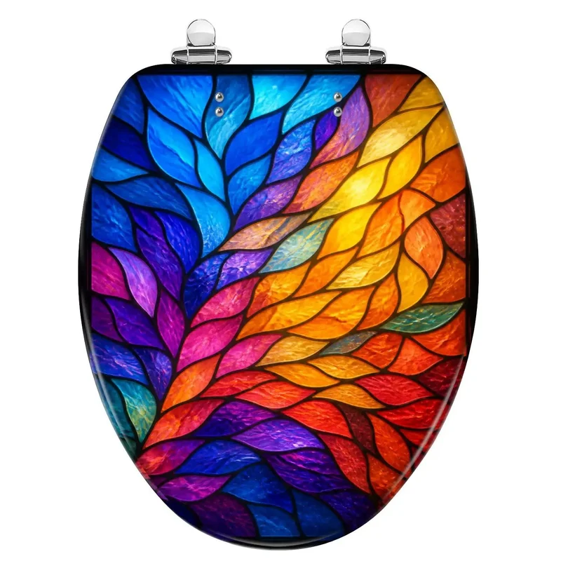 Premium Elongated Soft Close Toilet Seat Featuring Killer Stained Glass Abstract Leaf Design Heavy Duty Resin Build Quiet Slow Closing Hinges Making Fast Bathroom Refresh Easy