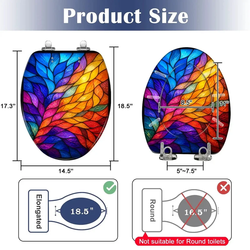 Premium Elongated Soft Close Toilet Seat Featuring Killer Stained Glass Abstract Leaf Design Heavy Duty Resin Build Quiet Slow Closing Hinges Making Fast Bathroom Refresh Easy