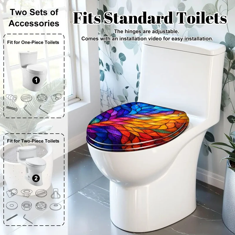 Premium Elongated Soft Close Toilet Seat Featuring Killer Stained Glass Abstract Leaf Design Heavy Duty Resin Build Quiet Slow Closing Hinges Making Fast Bathroom Refresh Easy