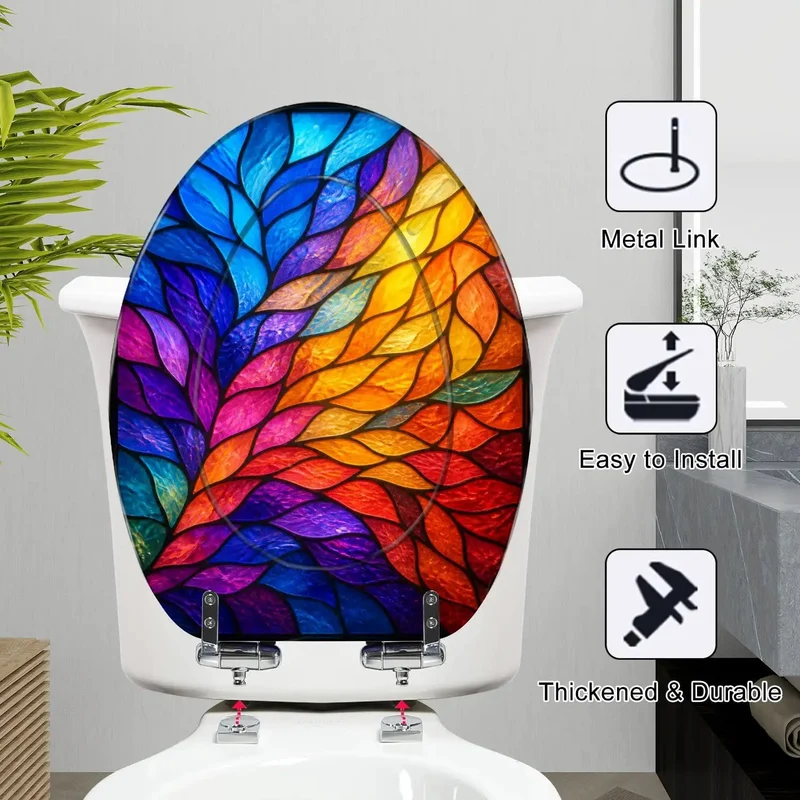 Premium Elongated Soft Close Toilet Seat Featuring Killer Stained Glass Abstract Leaf Design Heavy Duty Resin Build Quiet Slow Closing Hinges Making Fast Bathroom Refresh Easy