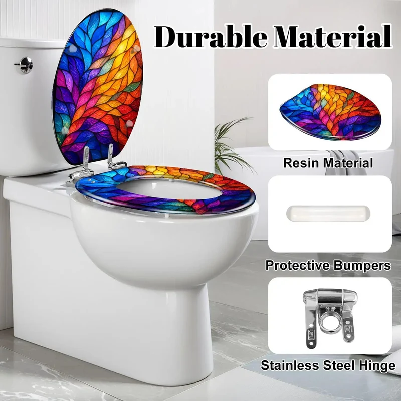 Premium Elongated Soft Close Toilet Seat Featuring Killer Stained Glass Abstract Leaf Design Heavy Duty Resin Build Quiet Slow Closing Hinges Making Fast Bathroom Refresh Easy