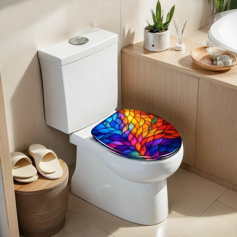 Premium Elongated Soft Close Toilet Seat Featuring Killer Stained Glass Abstract Leaf Design Heavy Duty Resin Build Quiet Slow Closing Hinges Making Fast Bathroom Refresh Easy