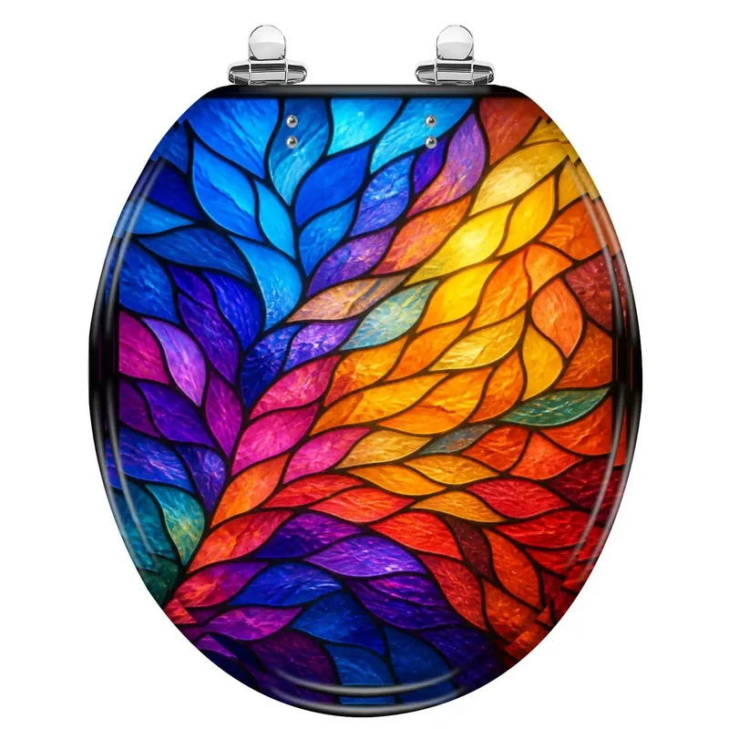 Round Toilet Seat With Vivid Stained Glass Leaf Pattern Soft Close Hinges Durable Resin Construction Quiet Drop Bath Upgrade Smooth Ride No Slamming Nonsense