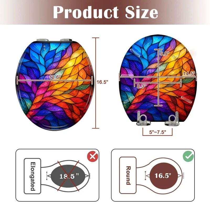 Round Toilet Seat With Vivid Stained Glass Leaf Pattern Soft Close Hinges Durable Resin Construction Quiet Drop Bath Upgrade Smooth Ride No Slamming Nonsense