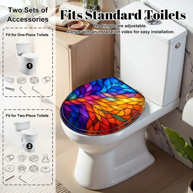 Round Toilet Seat With Vivid Stained Glass Leaf Pattern Soft Close Hinges Durable Resin Construction Quiet Drop Bath Upgrade Smooth Ride No Slamming Nonsense