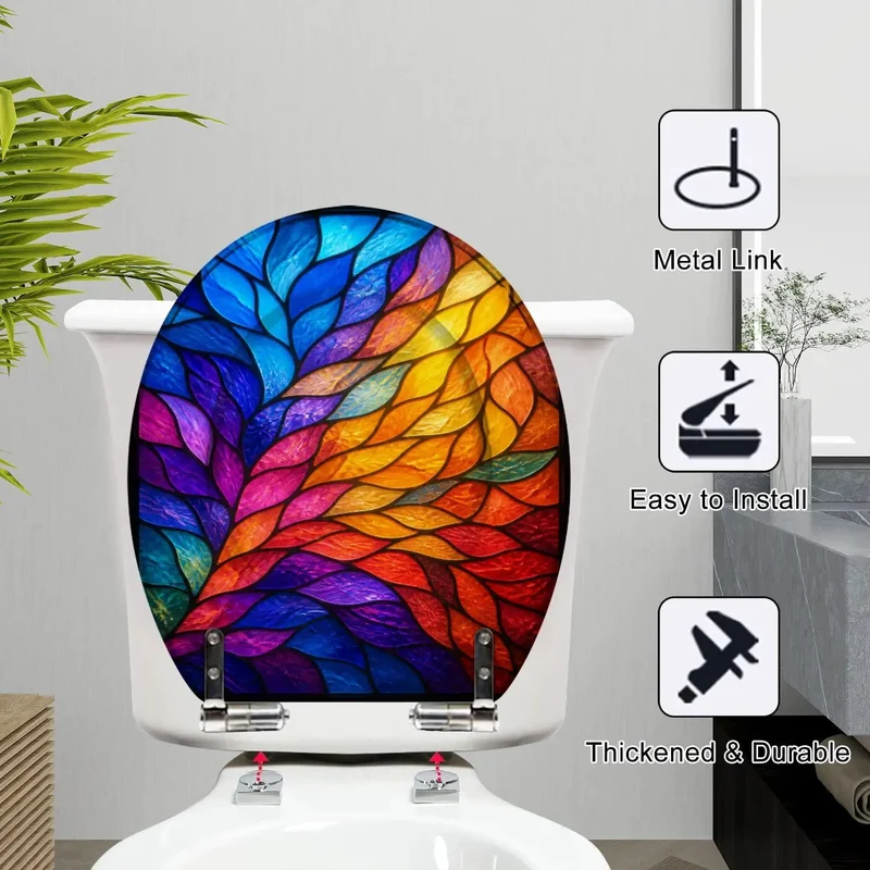 Round Toilet Seat With Vivid Stained Glass Leaf Pattern Soft Close Hinges Durable Resin Construction Quiet Drop Bath Upgrade Smooth Ride No Slamming Nonsense