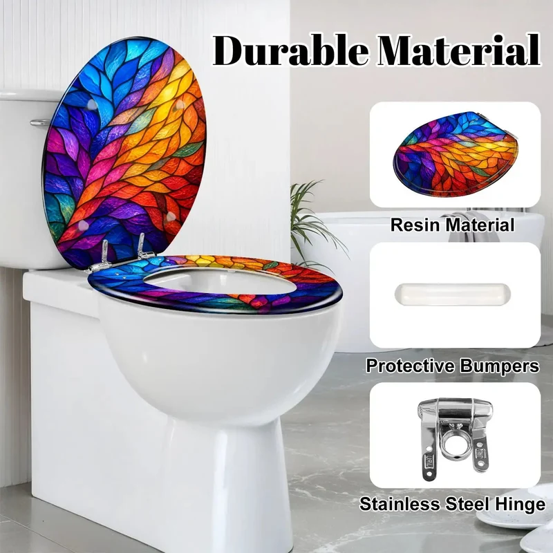 Round Toilet Seat With Vivid Stained Glass Leaf Pattern Soft Close Hinges Durable Resin Construction Quiet Drop Bath Upgrade Smooth Ride No Slamming Nonsense
