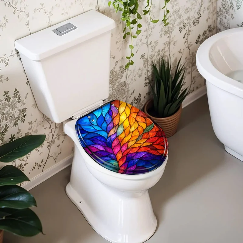 Round Toilet Seat With Vivid Stained Glass Leaf Pattern Soft Close Hinges Durable Resin Construction Quiet Drop Bath Upgrade Smooth Ride No Slamming Nonsense