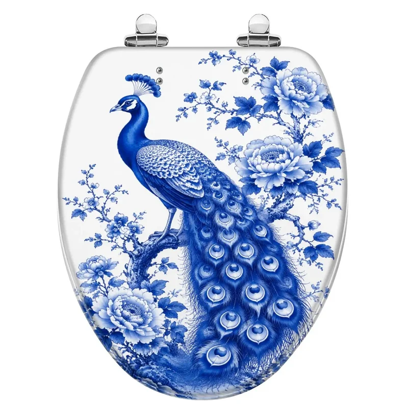 Elongated Resin Toilet Seat With Soft Close Lid Boasts On Point Blue Peacock Chinoiserie Look For A Legit Bathroom Upgrade Featuring Sturdy Hinges That Drop Silent Every Time No Loud Slams Just Top Shelf Durability Made To Last Through Daily Grind