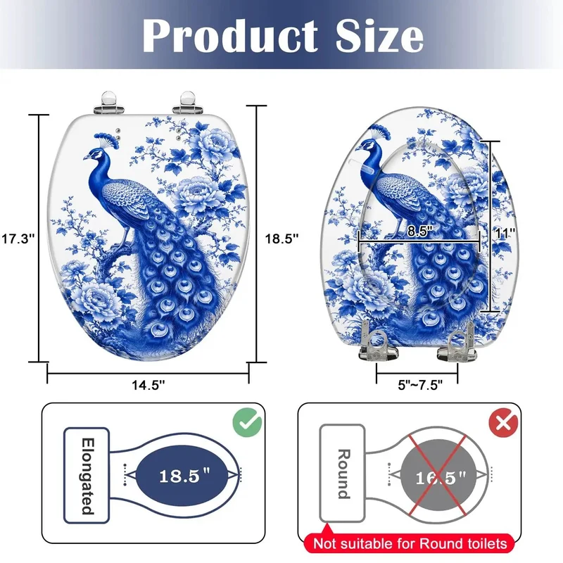 Elongated Resin Toilet Seat With Soft Close Lid Boasts On Point Blue Peacock Chinoiserie Look For A Legit Bathroom Upgrade Featuring Sturdy Hinges That Drop Silent Every Time No Loud Slams Just Top Shelf Durability Made To Last Through Daily Grind