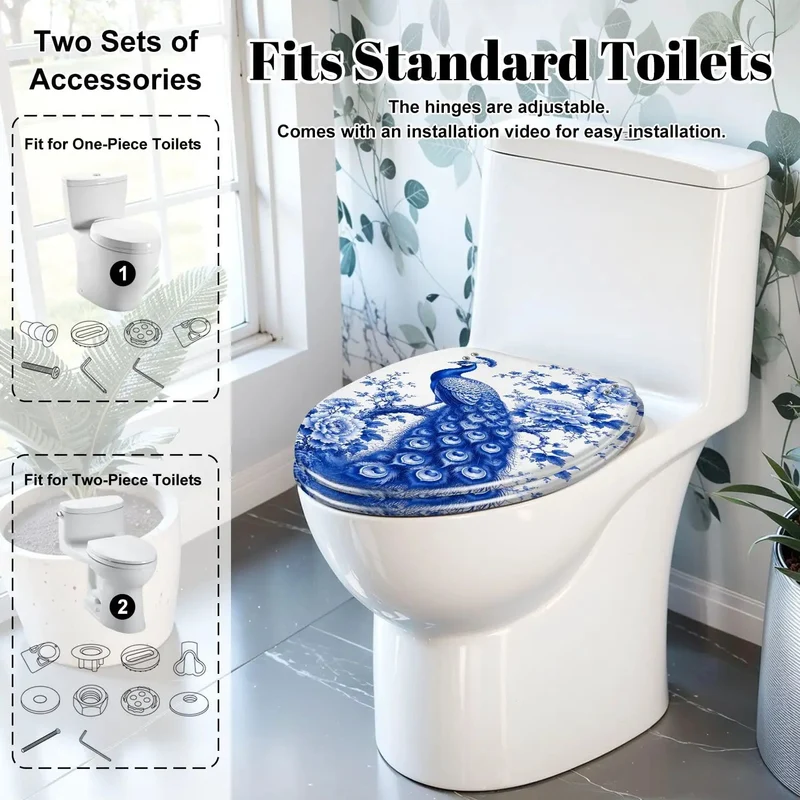 Elongated Resin Toilet Seat With Soft Close Lid Boasts On Point Blue Peacock Chinoiserie Look For A Legit Bathroom Upgrade Featuring Sturdy Hinges That Drop Silent Every Time No Loud Slams Just Top Shelf Durability Made To Last Through Daily Grind