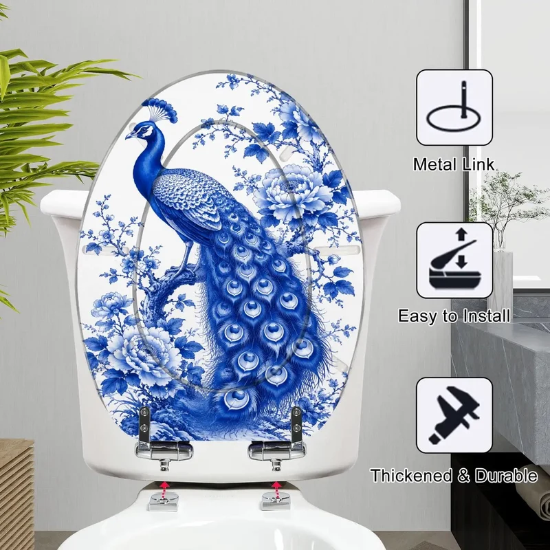 Elongated Resin Toilet Seat With Soft Close Lid Boasts On Point Blue Peacock Chinoiserie Look For A Legit Bathroom Upgrade Featuring Sturdy Hinges That Drop Silent Every Time No Loud Slams Just Top Shelf Durability Made To Last Through Daily Grind