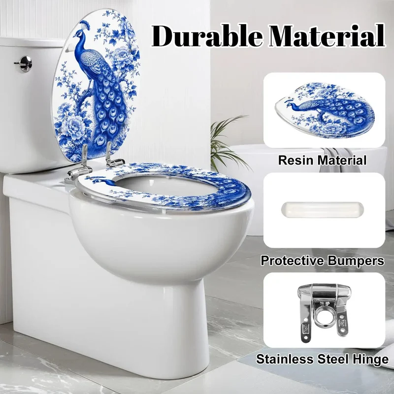 Elongated Resin Toilet Seat With Soft Close Lid Boasts On Point Blue Peacock Chinoiserie Look For A Legit Bathroom Upgrade Featuring Sturdy Hinges That Drop Silent Every Time No Loud Slams Just Top Shelf Durability Made To Last Through Daily Grind