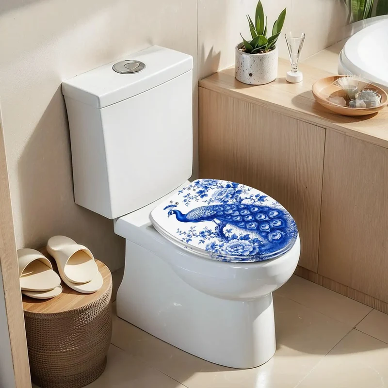 Elongated Resin Toilet Seat With Soft Close Lid Boasts On Point Blue Peacock Chinoiserie Look For A Legit Bathroom Upgrade Featuring Sturdy Hinges That Drop Silent Every Time No Loud Slams Just Top Shelf Durability Made To Last Through Daily Grind